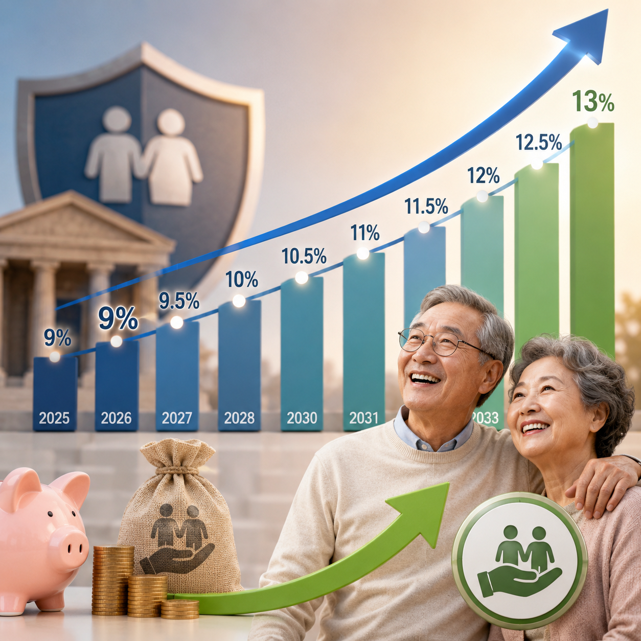 국민연금 보험료율 9.5% 인상, 2033년 13%까지 매년 오른다…소득대체율 43% 함께 뛴다