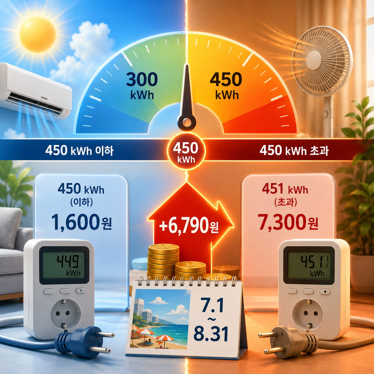여름 전기요금 누진구간 확대 7~8월 적용, 450kWh 딱 넘으면 6790원 뛰는 경계선 계산법